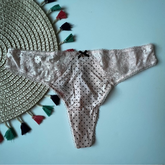 Victoria's Secret Other - Victoria's Secret Body By Victoria Lace Black Thong Panty Pink Dots Large NEW